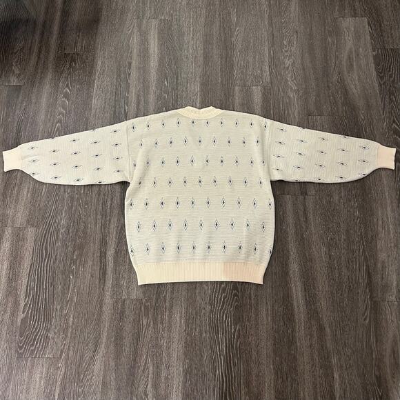 EUC Vintage St. Croix Knits Wool V Neck Sweater Cream Blue Diamond USA Made Sz L - Picture 12 of 16